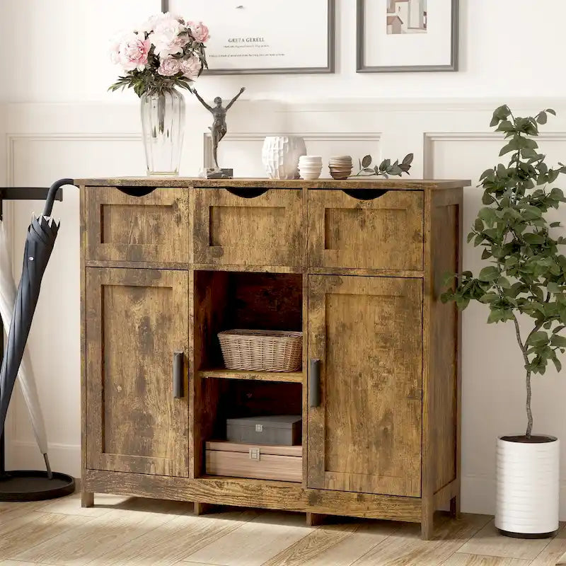 Meuble de rangement rustique vintage en bois avec tiroirs, portes et étagères