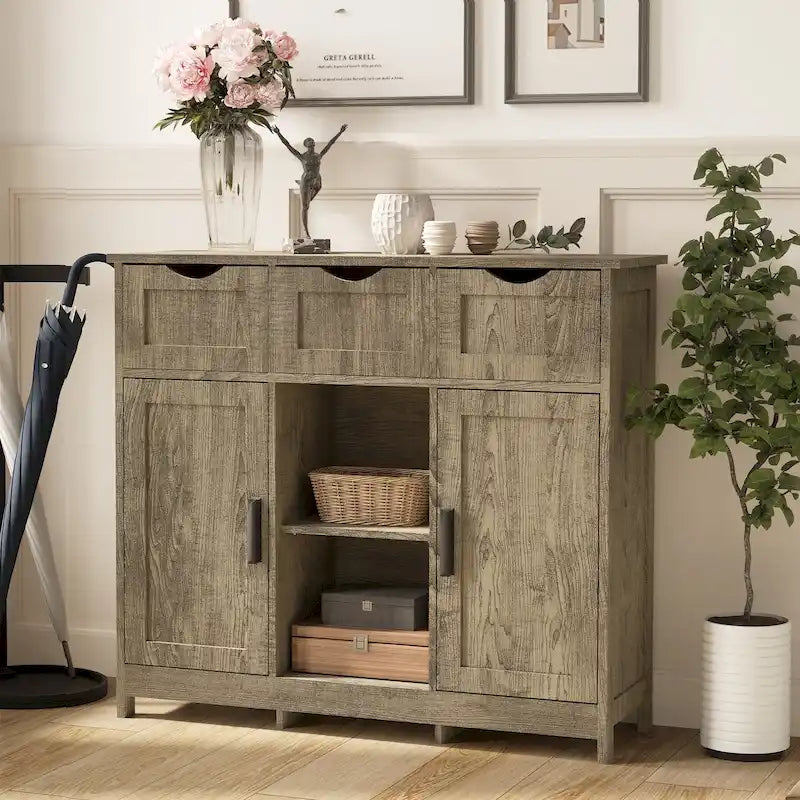 Meuble de rangement rustique vintage en bois avec tiroirs, portes et étagères