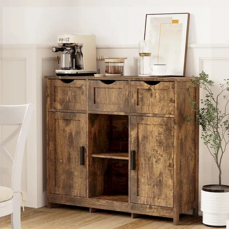 Meuble de rangement rustique vintage en bois avec tiroirs, portes et étagères