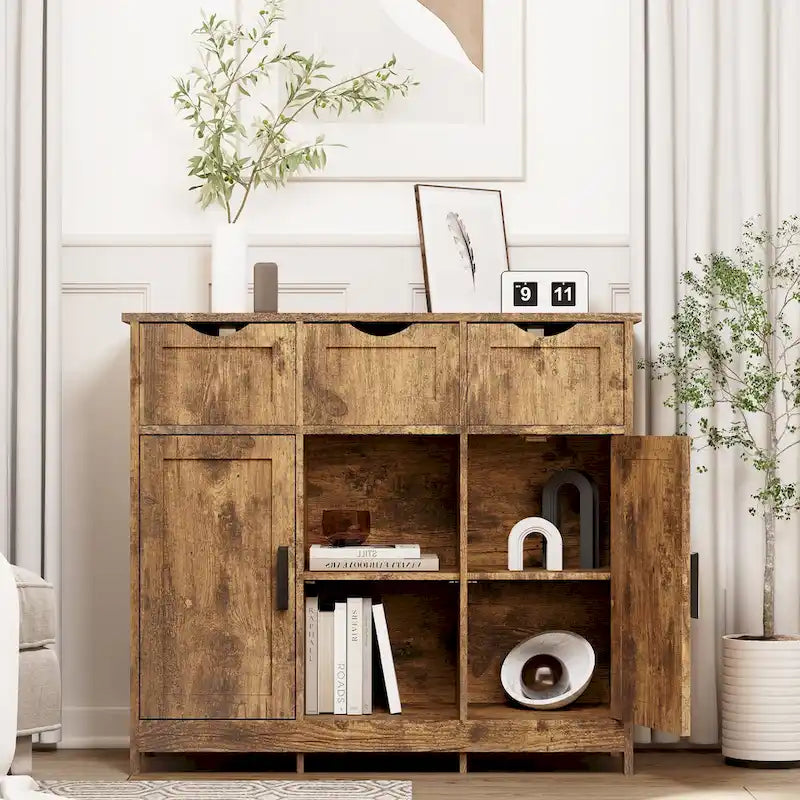 Meuble de rangement rustique vintage en bois avec tiroirs, portes et étagères