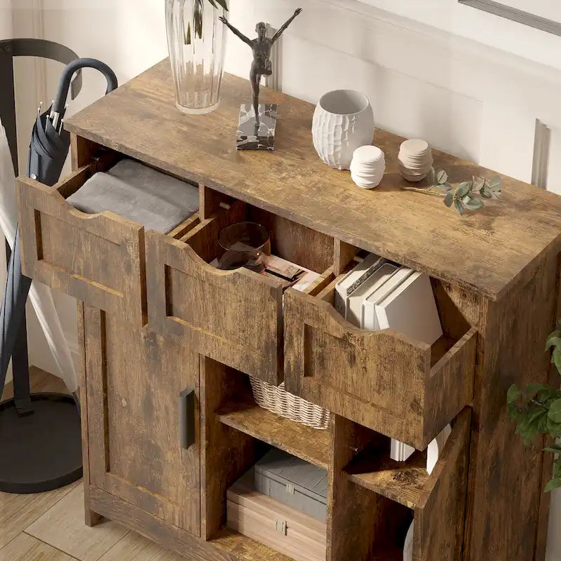Meuble de rangement rustique vintage en bois avec tiroirs, portes et étagères
