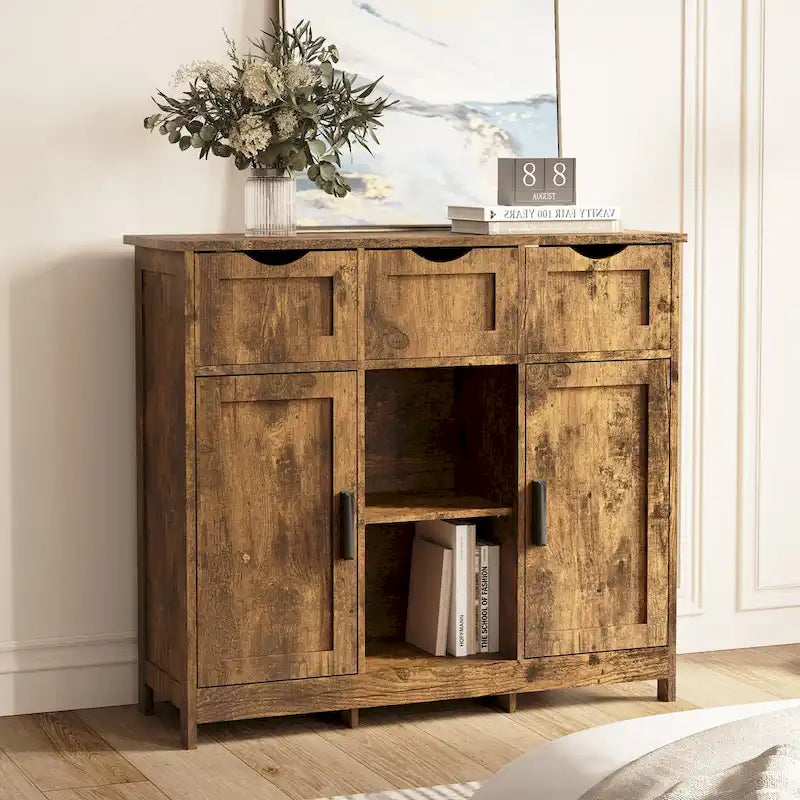 Meuble de rangement rustique vintage en bois avec tiroirs, portes et étagères
