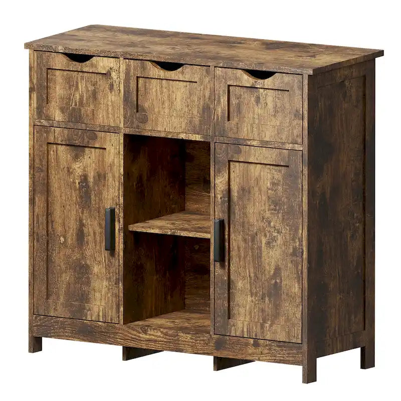 Meuble de rangement rustique vintage en bois avec tiroirs, portes et étagères