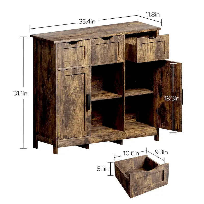 Meuble de rangement rustique vintage en bois avec tiroirs, portes et étagères
