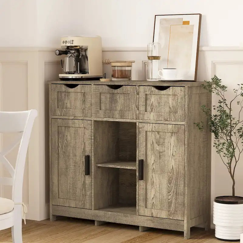 Meuble de rangement rustique vintage en bois avec tiroirs, portes et étagères