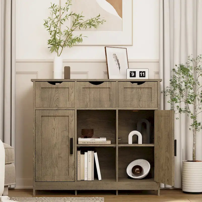 Meuble de rangement rustique vintage en bois avec tiroirs, portes et étagères