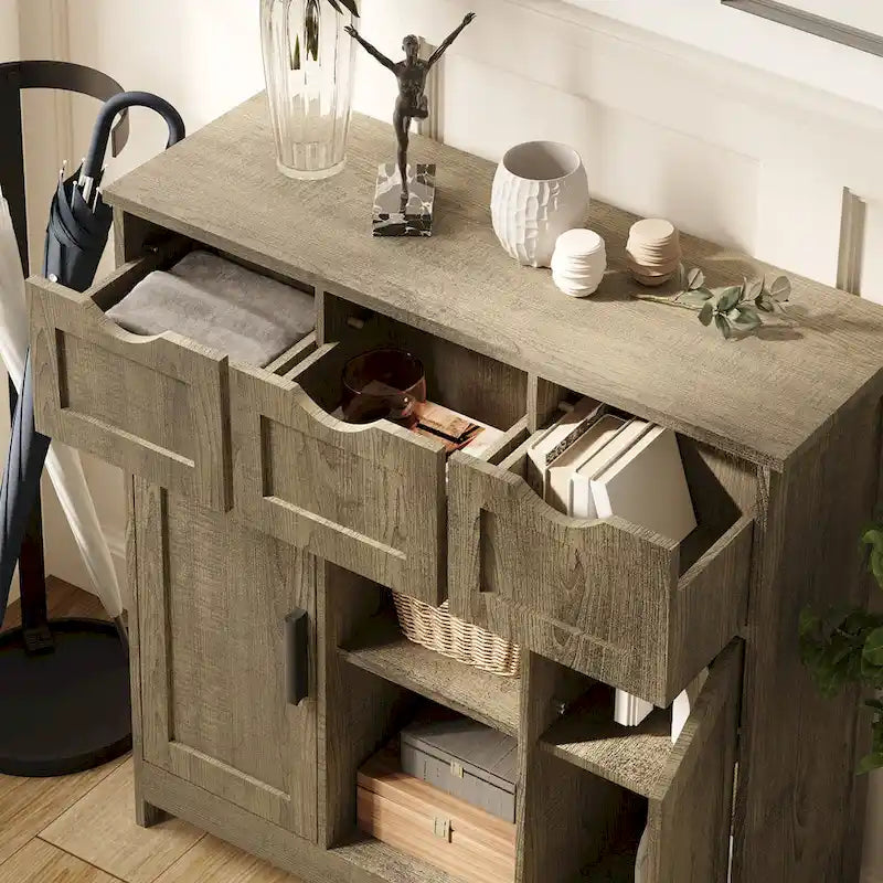 Meuble de rangement rustique vintage en bois avec tiroirs, portes et étagères
