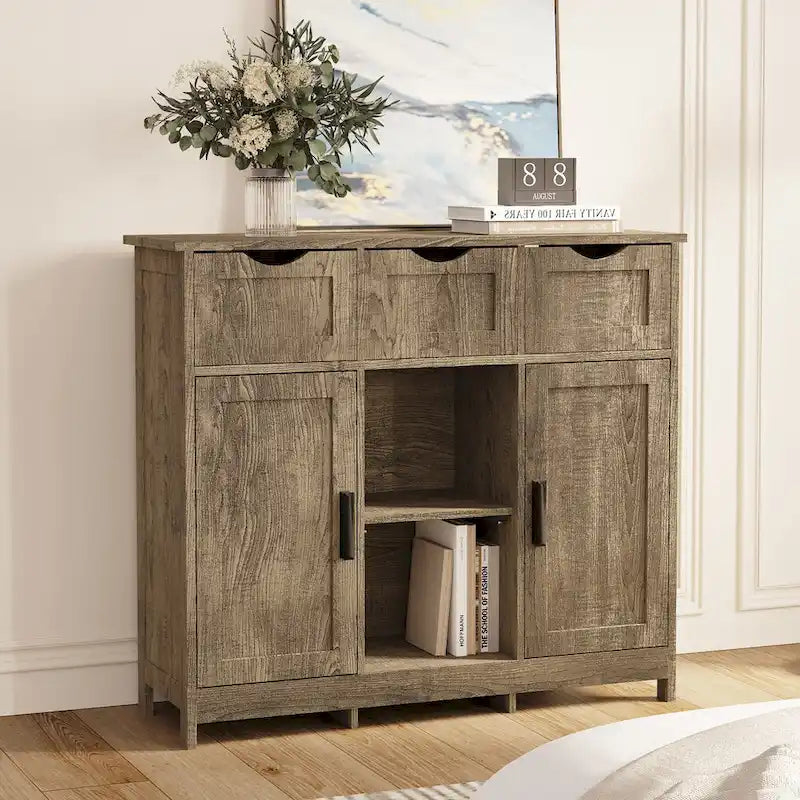 Meuble de rangement rustique vintage en bois avec tiroirs, portes et étagères