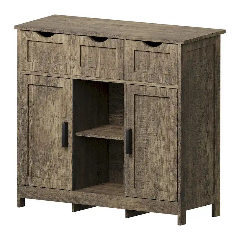 Meuble de rangement rustique vintage en bois avec tiroirs, portes et étagères