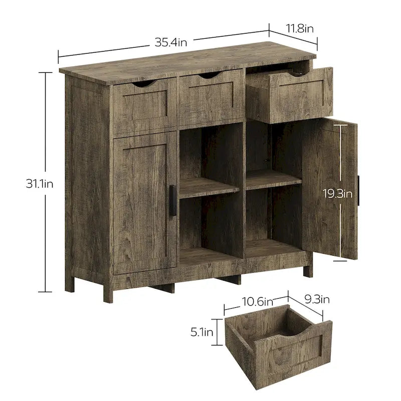 Meuble de rangement rustique vintage en bois avec tiroirs, portes et étagères