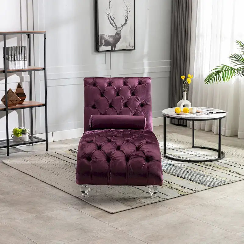 Chaise longue capitonnée en velours violet avec pieds en acrylique