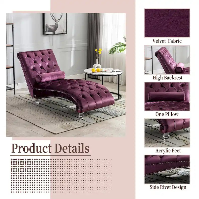 Chaise longue capitonnée en velours violet avec pieds en acrylique