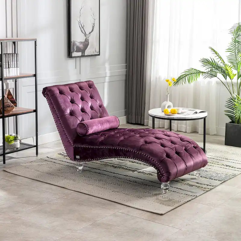 Chaise longue capitonnée en velours violet avec pieds en acrylique