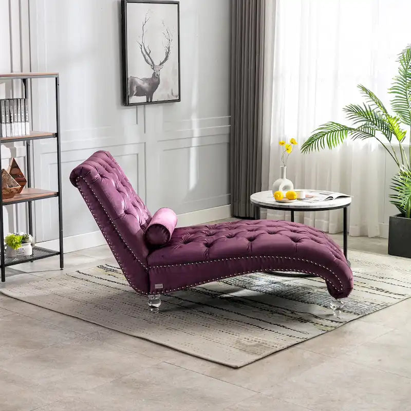 Chaise longue capitonnée en velours violet avec pieds en acrylique