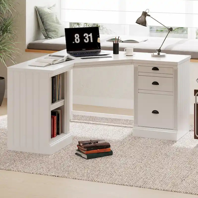 Bureau de direction en L blanc avec tiroirs et étagères ouvertes