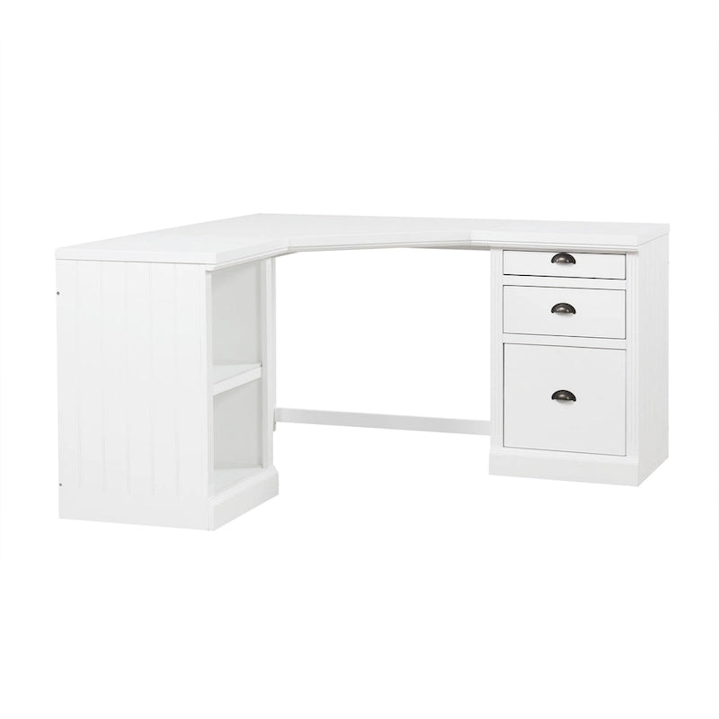 Bureau de direction en L blanc avec tiroirs et étagères ouvertes