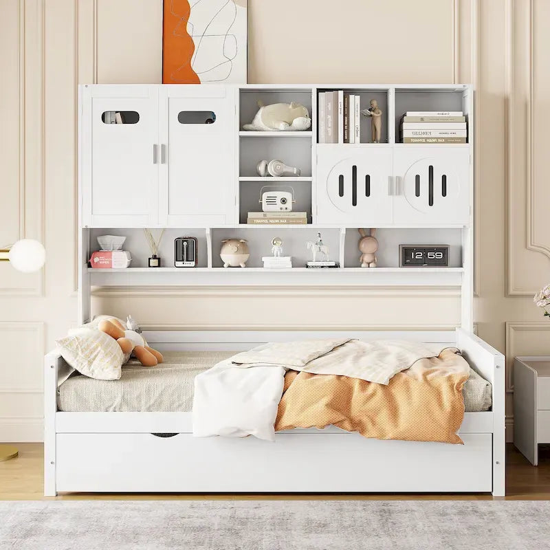 Lit de repos en bois de pin blanc avec armoire de rangement, étagères et lattes