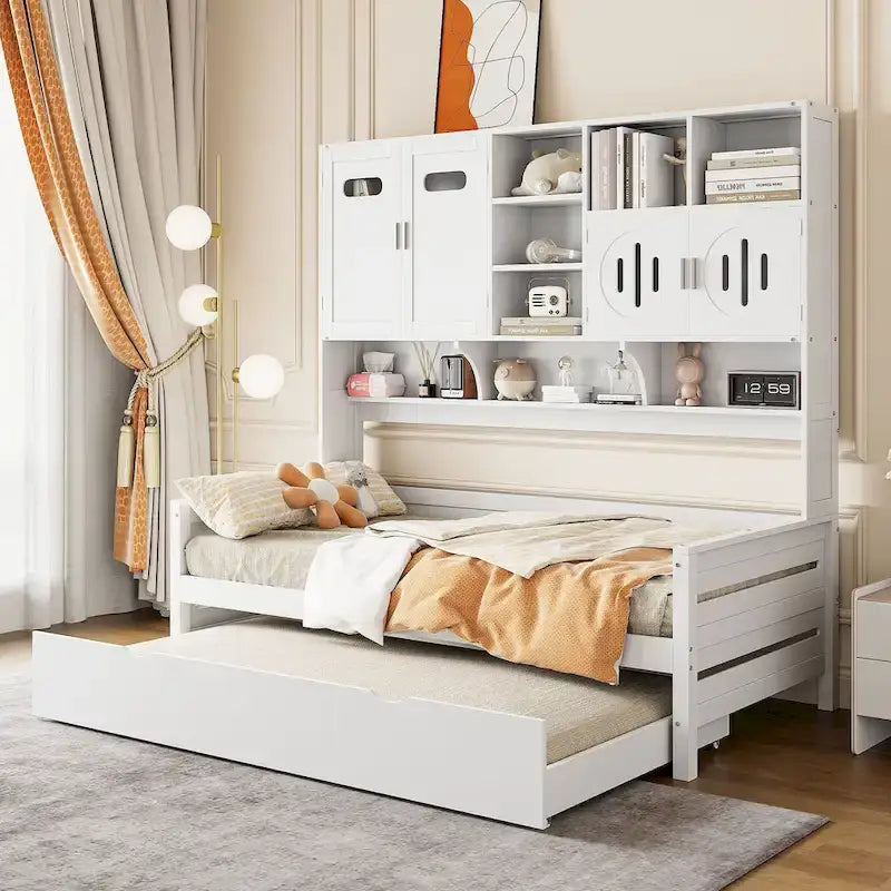 Lit de repos en bois de pin blanc avec armoire de rangement, étagères et lattes