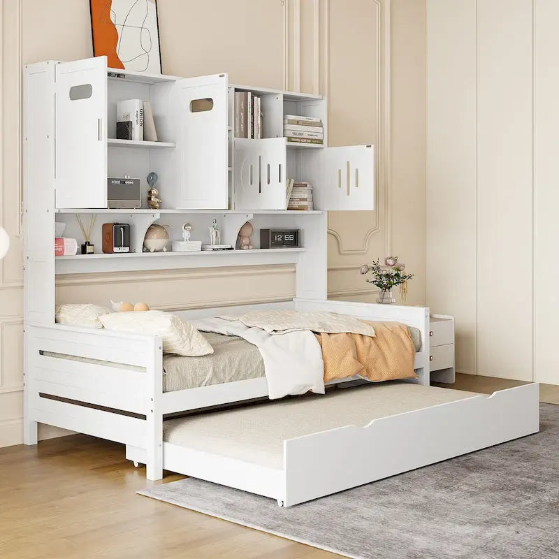 Lit de repos en bois de pin blanc avec armoire de rangement, étagères et lattes