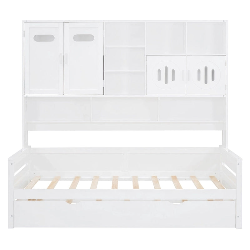 Lit de repos en bois de pin blanc avec armoire de rangement, étagères et lattes