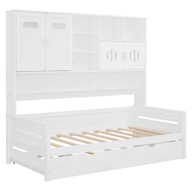 Lit de repos en bois de pin blanc avec armoire de rangement, étagères et lattes