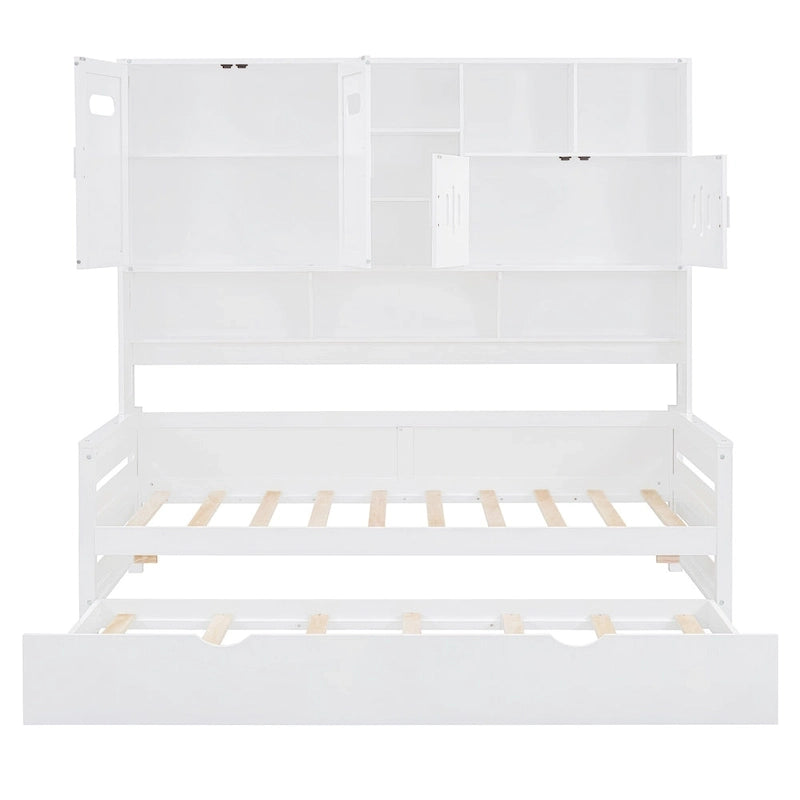 Lit de repos en bois de pin blanc avec armoire de rangement, étagères et lattes