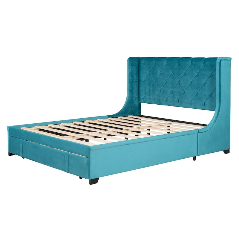 Lit plateforme en velours capitonné bleu avec tête de lit à oreilles et tiroir de rangement