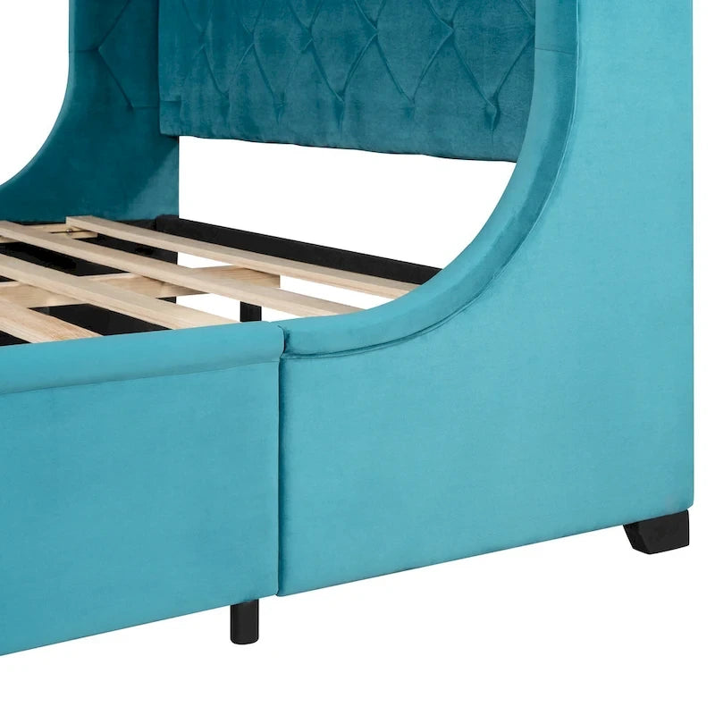 Lit plateforme en velours capitonné bleu avec tête de lit à oreilles et tiroir de rangement