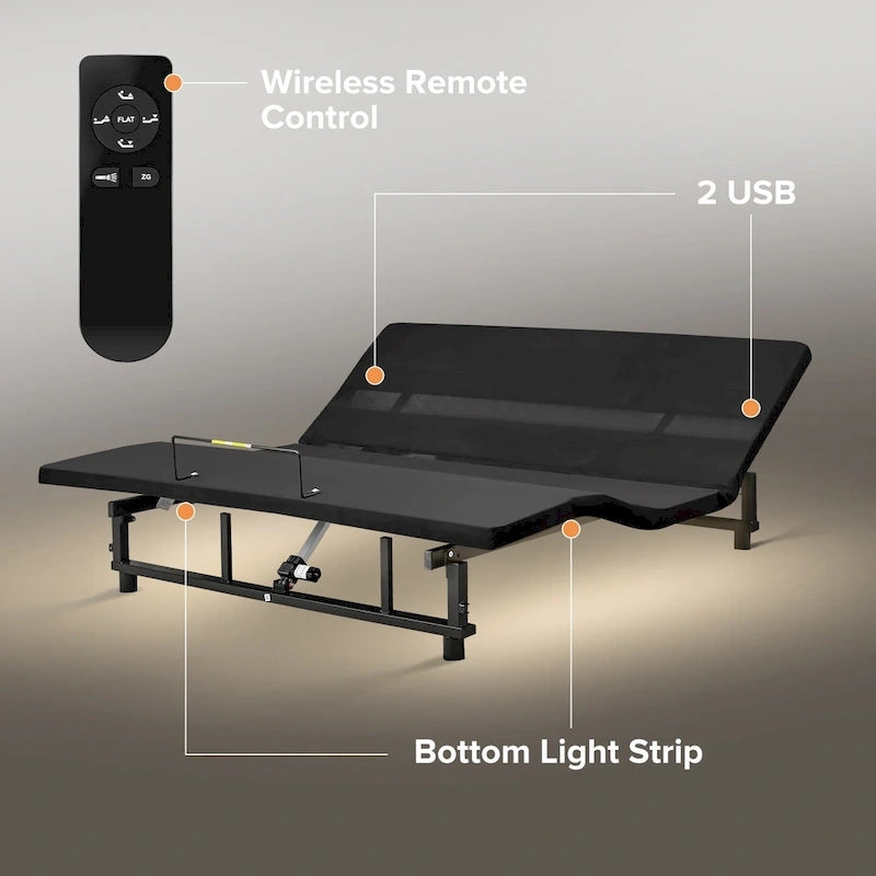 Cadre de lit réglable avec télécommande sans fil, chargement USB, éclairage sous le lit, noir antique