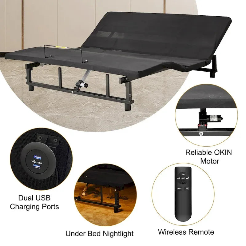 Cadre de lit réglable avec télécommande sans fil, chargement USB, éclairage sous le lit, noir antique