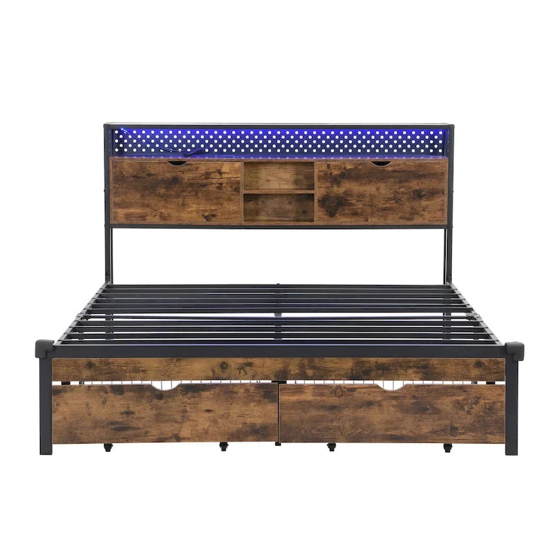 Lit plateforme en métal avec tête de lit LED, tiroirs de rangement, noir et marron