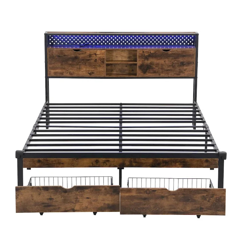 Lit plateforme en métal avec tête de lit LED, tiroirs de rangement, noir et marron