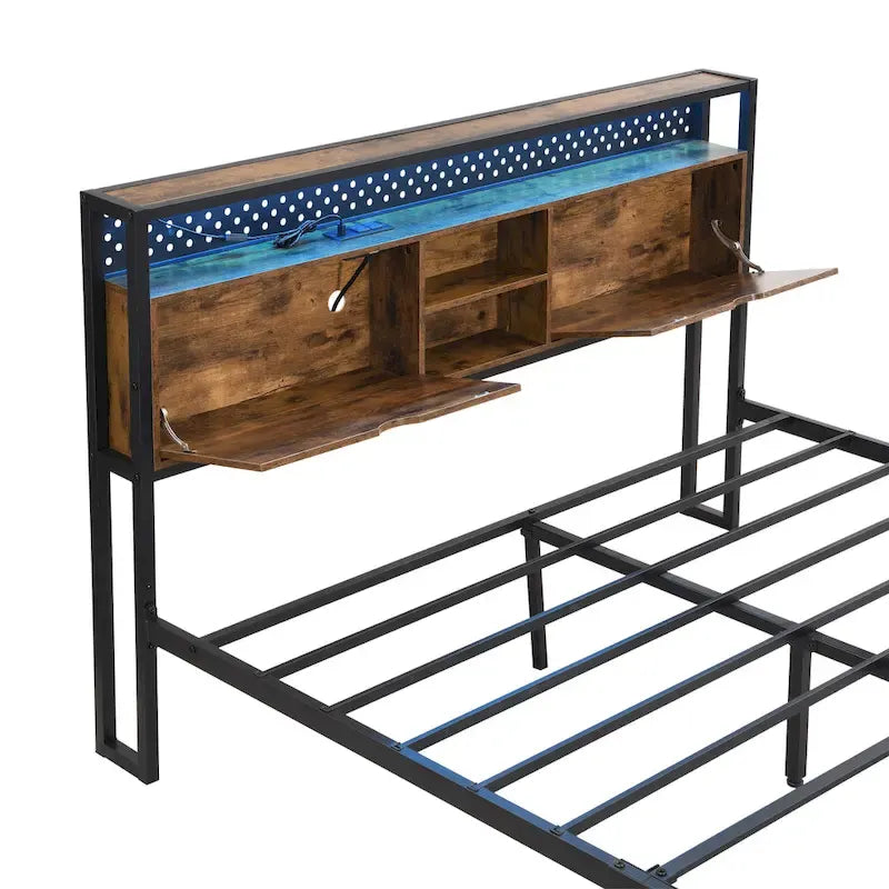 Lit plateforme en métal avec tête de lit LED, tiroirs de rangement, noir et marron