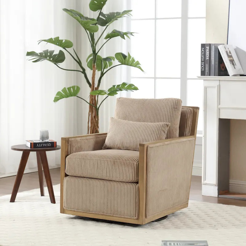 Fauteuil d'appoint pivotant à 360° en tissu avec coussin en mousse, Beige / Gris foncé / Camel