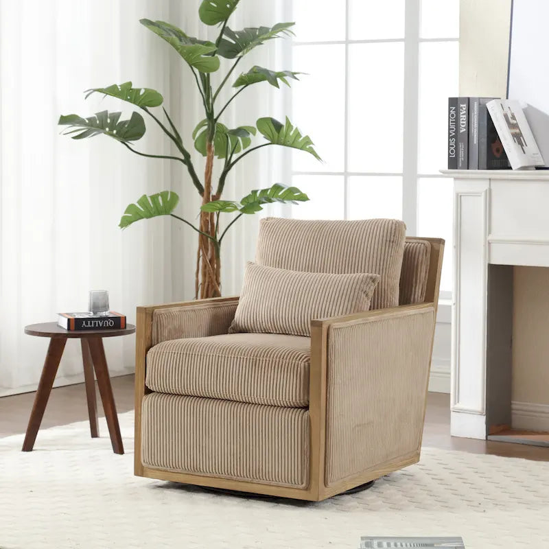 Fauteuil d'appoint pivotant à 360° en tissu avec coussin en mousse, Beige / Gris foncé / Camel