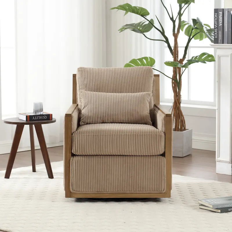 Fauteuil d'appoint pivotant à 360° en tissu avec coussin en mousse, Beige / Gris foncé / Camel