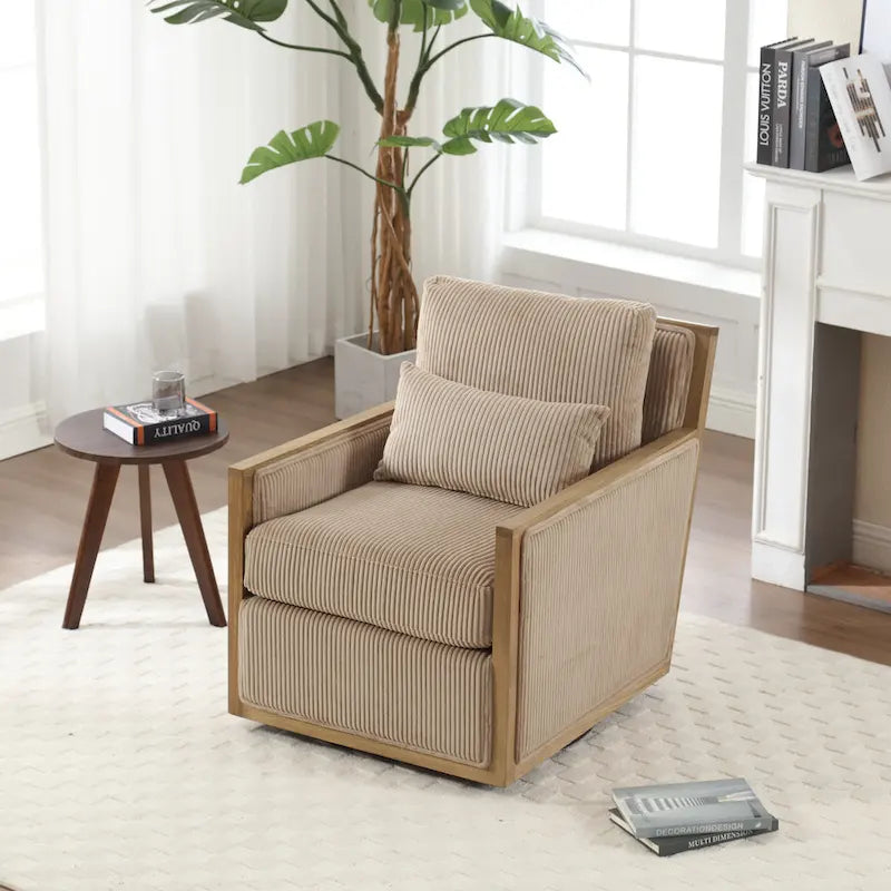 Fauteuil d'appoint pivotant à 360° en tissu avec coussin en mousse, Beige / Gris foncé / Camel