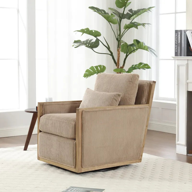 Fauteuil d'appoint pivotant à 360° en tissu avec coussin en mousse, Beige / Gris foncé / Camel