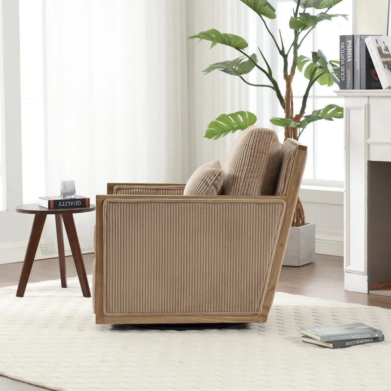 Fauteuil d'appoint pivotant à 360° en tissu avec coussin en mousse, Beige / Gris foncé / Camel