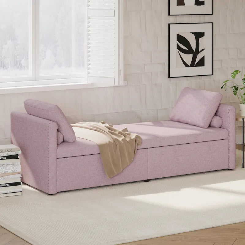 Canapé-lit rembourré en lin avec 2 tiroirs de rangement et oreillers, gris beige rose