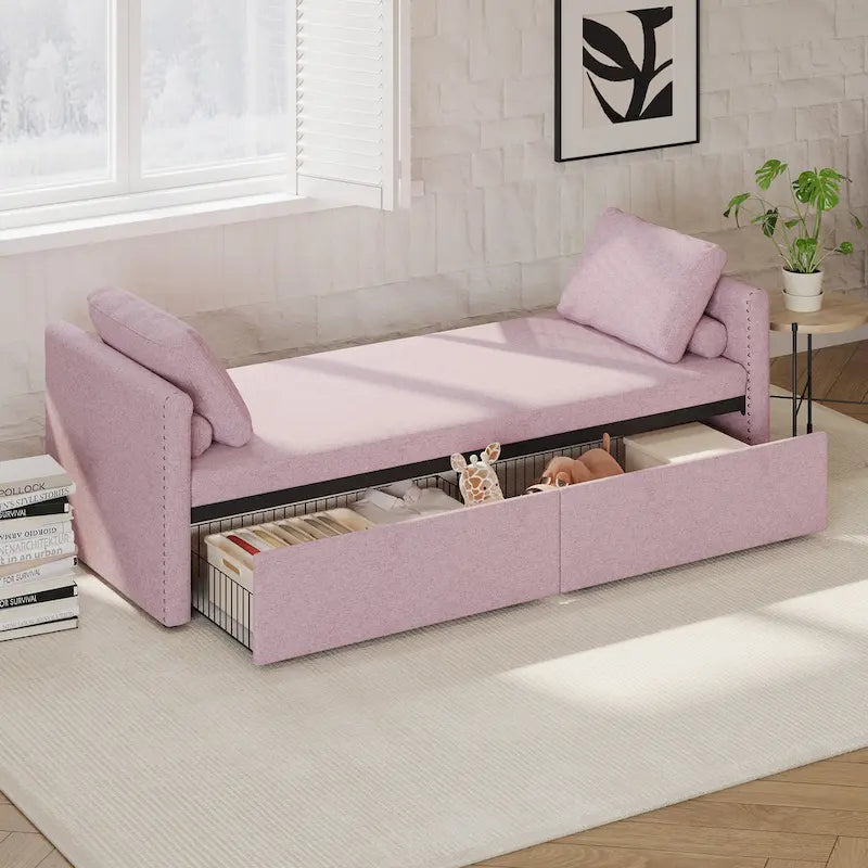 Canapé-lit rembourré en lin avec 2 tiroirs de rangement et oreillers, gris beige rose