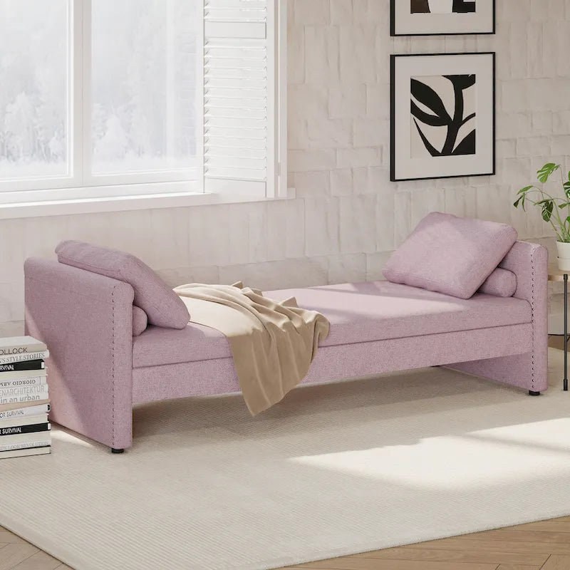 Canapé-lit rembourré en lin avec 2 tiroirs de rangement et oreillers, gris beige rose