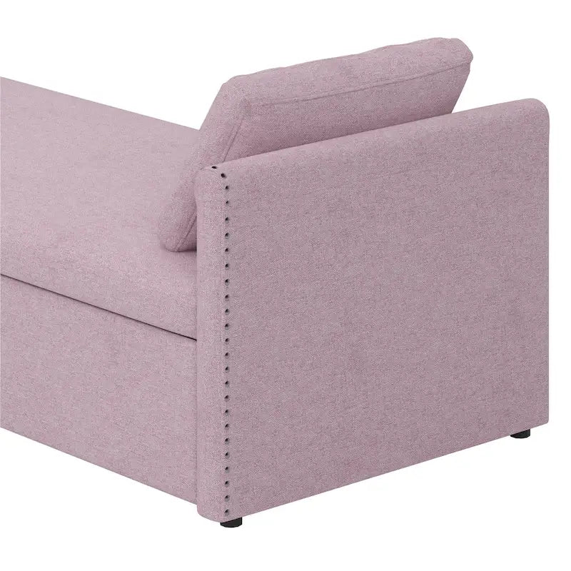 Canapé-lit rembourré en lin avec 2 tiroirs de rangement et oreillers, gris beige rose