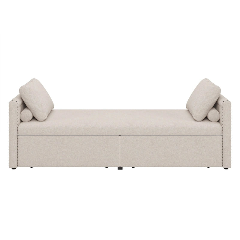 Canapé-lit rembourré en lin avec 2 tiroirs de rangement et oreillers, gris beige rose