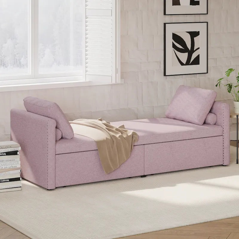 Lit de repos rose rembourré en lin avec tiroirs de rangement et coussins