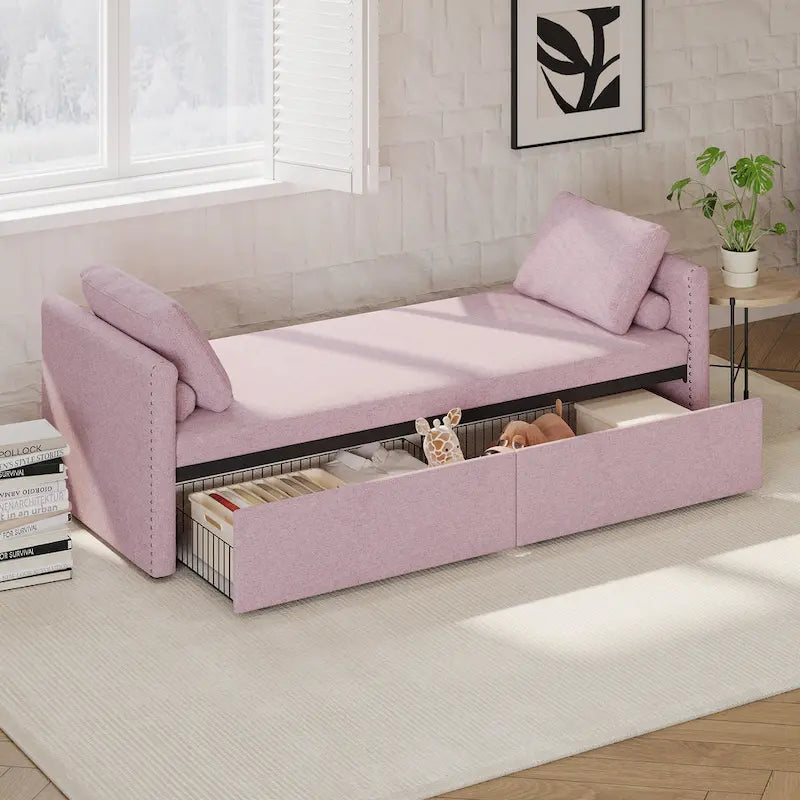 Lit de repos rose rembourré en lin avec tiroirs de rangement et coussins