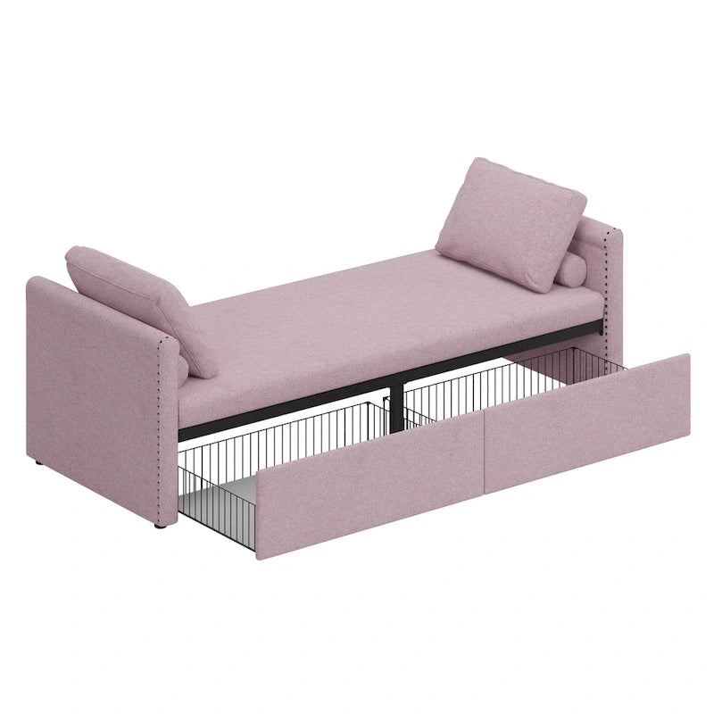 Lit de repos rose rembourré en lin avec tiroirs de rangement et coussins