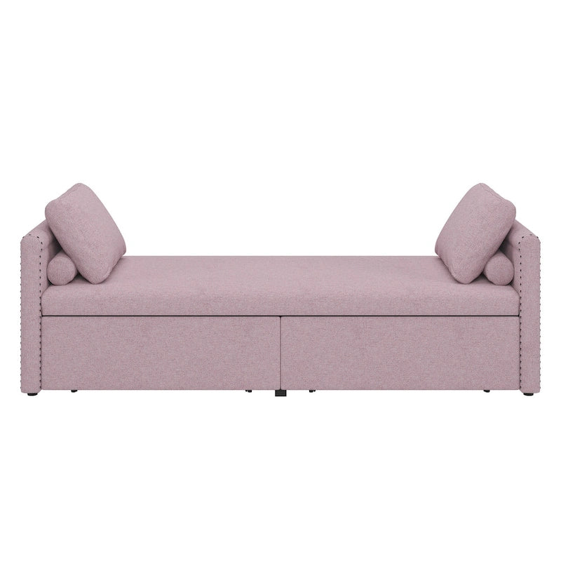 Lit de repos rose rembourré en lin avec tiroirs de rangement et coussins