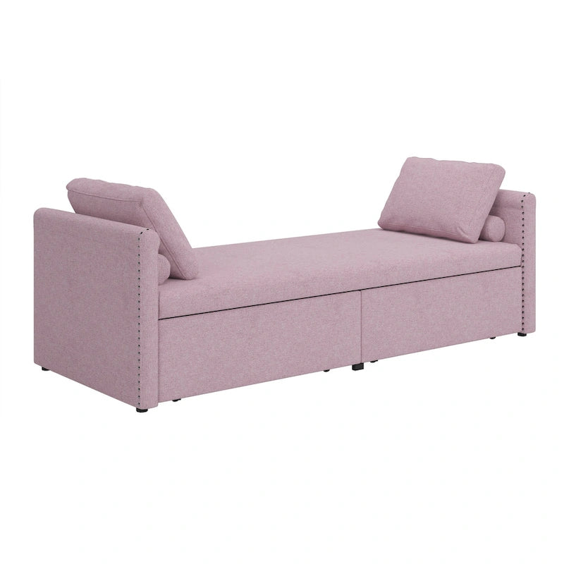 Lit de repos rose rembourré en lin avec tiroirs de rangement et coussins