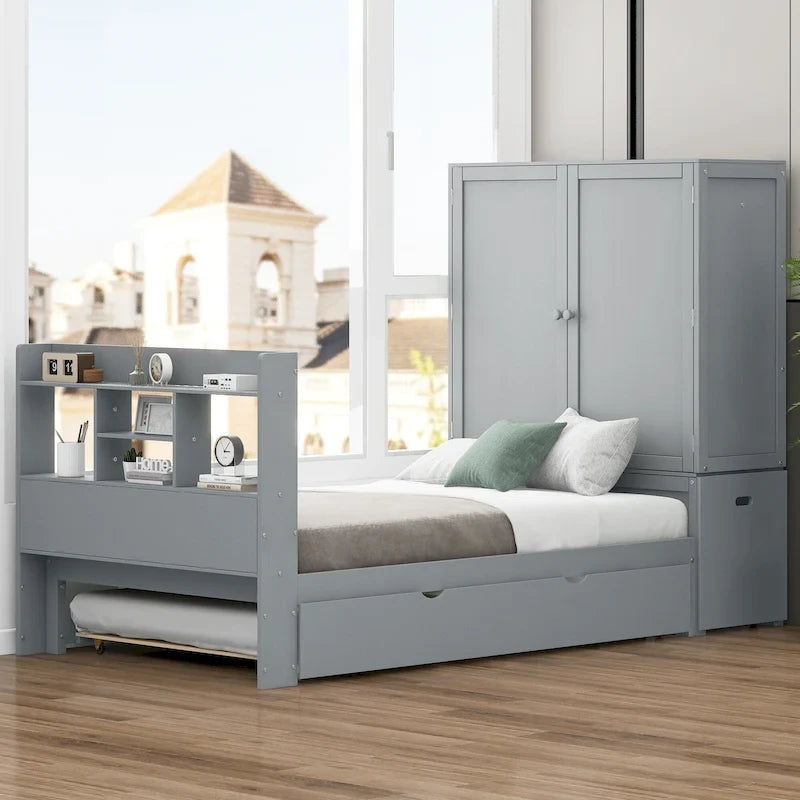 Lit plateforme double avec tête de lit de rangement et étagères coulissantes Blanc